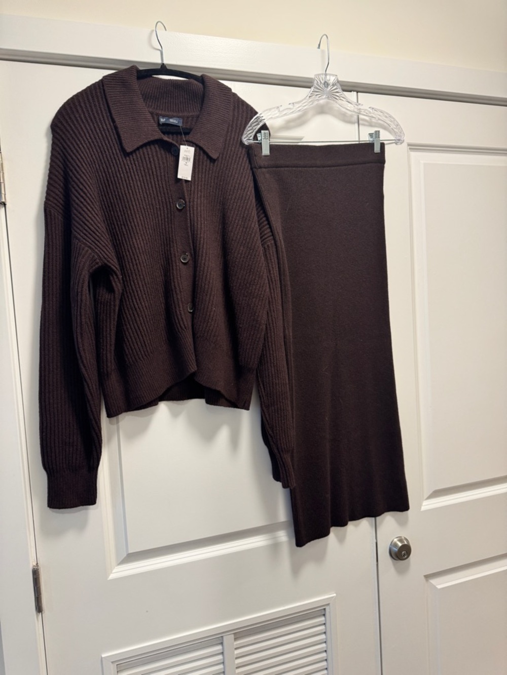 GAP Cotton Brown Ribbed Knit Cardigan & Midi Skirt Set